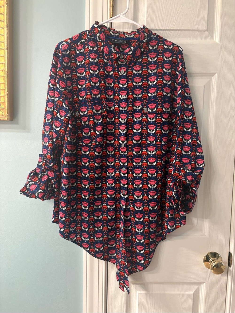 Jones New York Navy Blouse with Pink and Red Floral Print